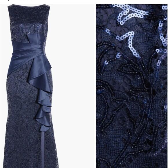 NWT ELIZA J Navy Sequin Bodice Stretch Knit Skirt Pleated Bow Detail Maxi Gown 8 - Picture 3 of 10